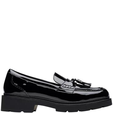 CLARKS WOMENS TASSEL SLIP ON LOAFER - BLACK PATENT